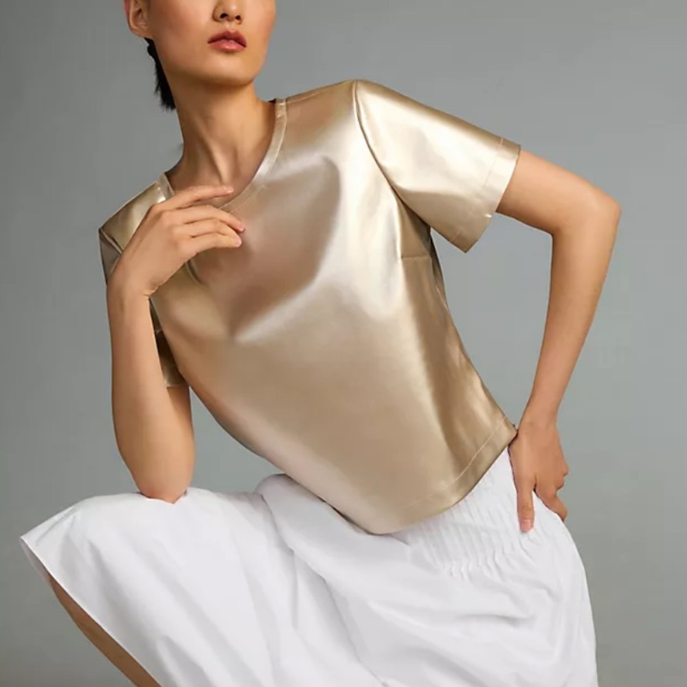 Anthropologie Porridge Collin Faux Leather Gold Short Sleeve Top